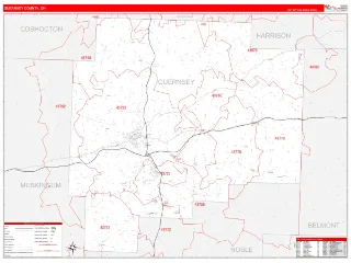 Guernsey County, OH RedLine style ZIP Code wall map