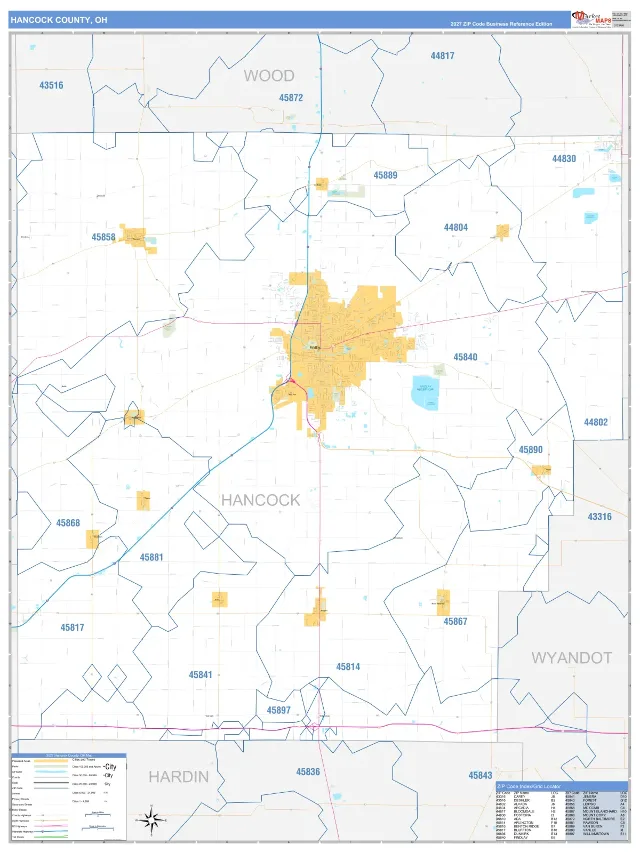 Hancock County, OH ZIP Code Wall Map, Business Reference style