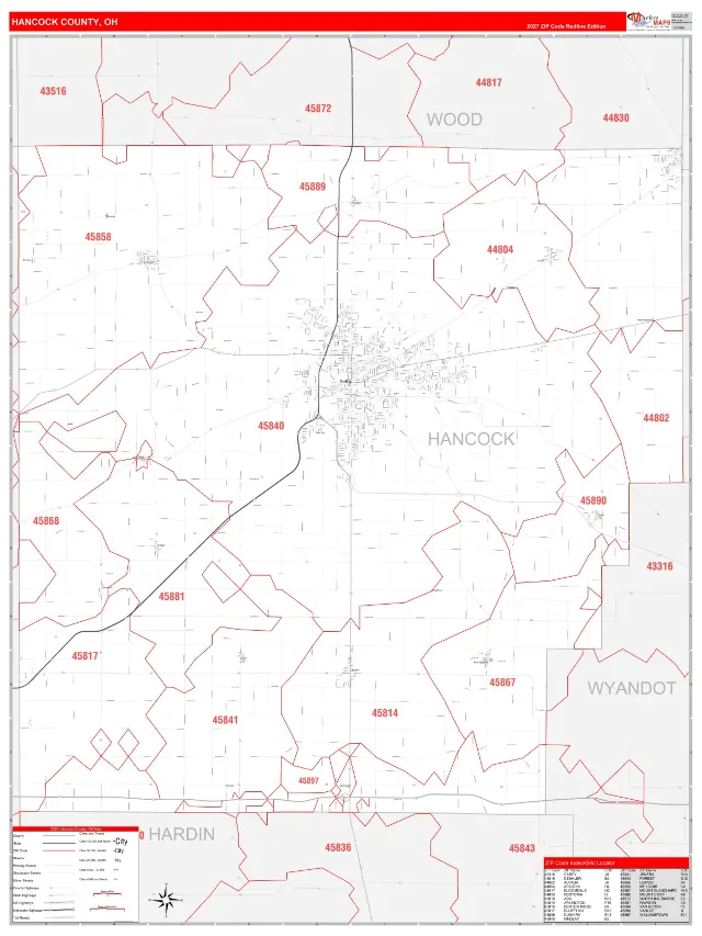 Hancock County, OH ZIP Code Wall Map, RedLine style