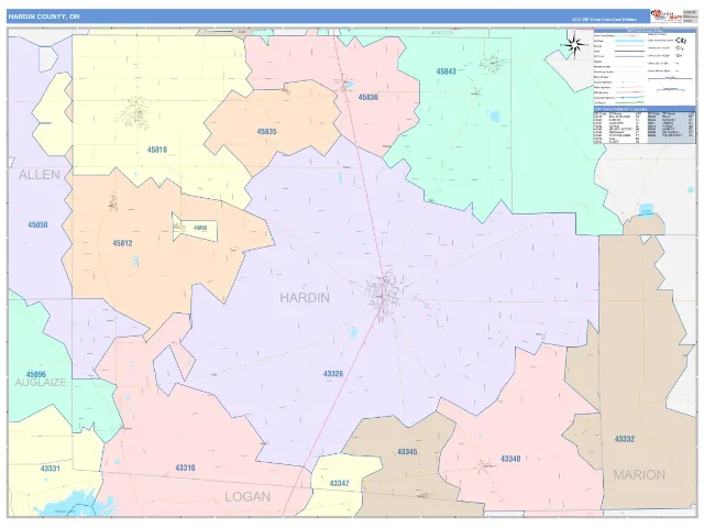 Hardin County, OH ZIP Code Wall Map, ColorCast style
