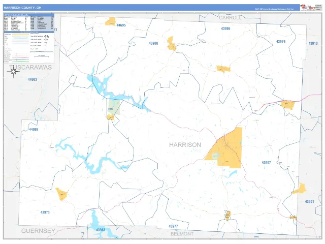 Harrison County, OH ZIP Code Wall Map, Business Reference style