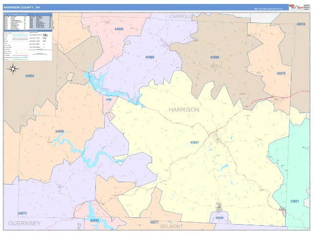 Harrison County, OH ZIP Code Wall Map, ColorCast style