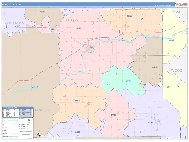 Henry County, OH ZIP Code Wall Map, ColorCast style