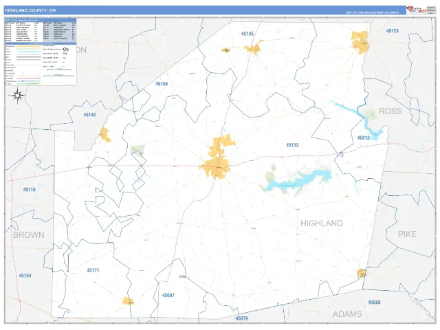 Highland County, OH ZIP Code Wall Map, Business Reference style