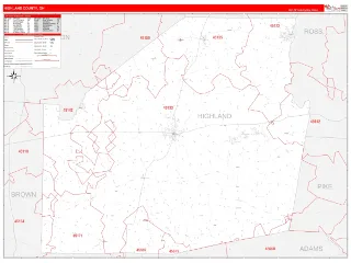 Highland County, OH RedLine style ZIP Code wall map