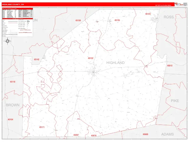 Highland County, OH ZIP Code Wall Map, RedLine style