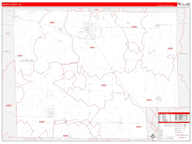 Huron County, OH ZIP Code Wall Map, RedLine style