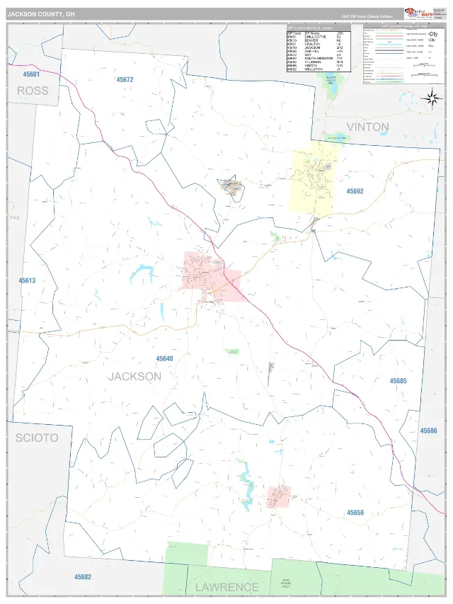 Jackson County, OH ZIP Code Wall Map, Classic style
