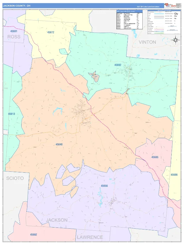 Jackson County, OH ZIP Code Wall Map, ColorCast style