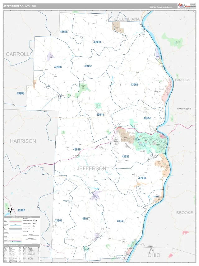 Jefferson County, OH ZIP Code Wall Map, Classic style