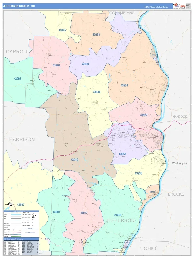 Jefferson County, OH ZIP Code Wall Map, ColorCast style