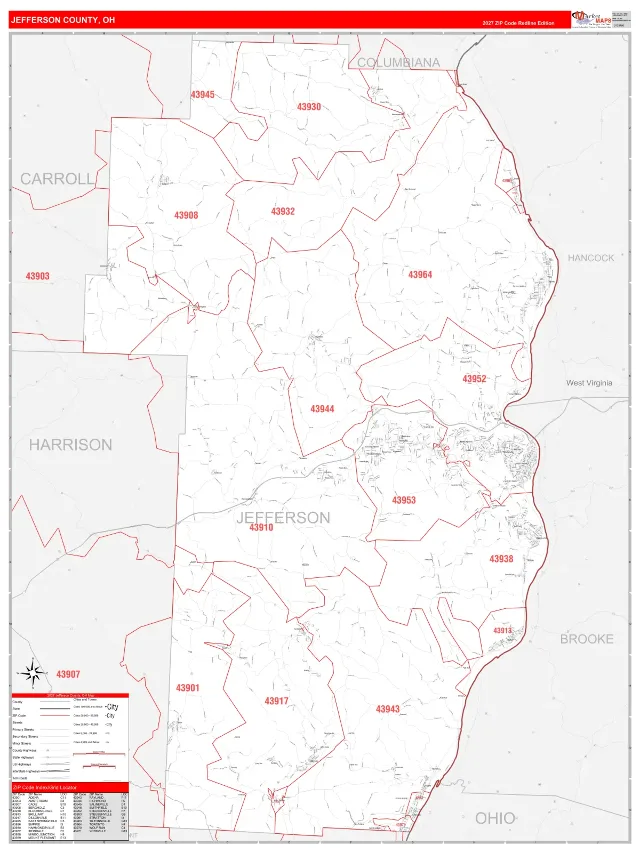 Jefferson County, OH ZIP Code Wall Map, RedLine style