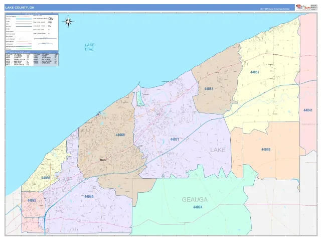 Lake County, OH ZIP Code Wall Map, ColorCast style