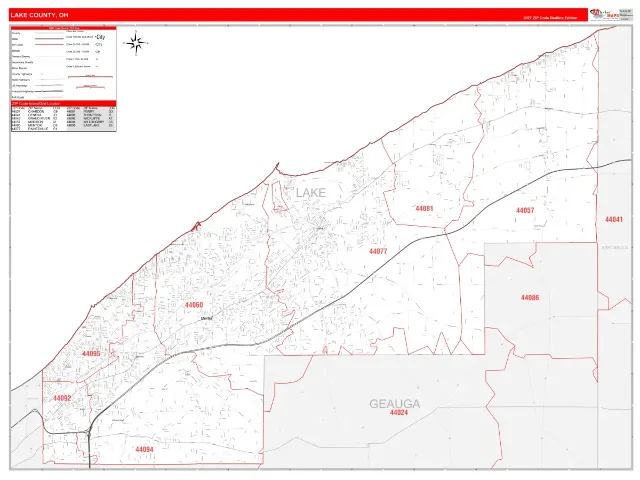Lake County, OH ZIP Code Wall Map, RedLine style