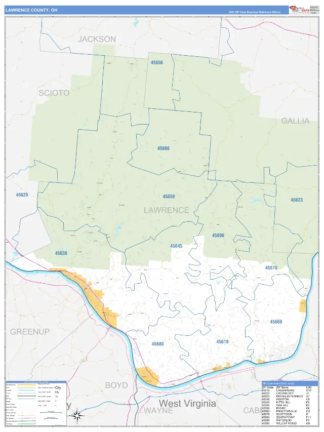 Lawrence County, OH ZIP Code Wall Map, Business Reference style