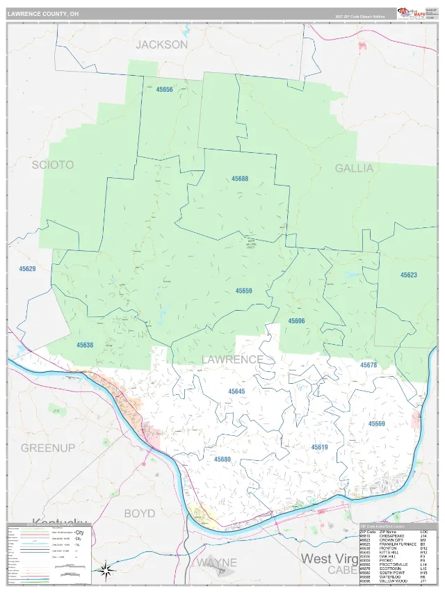 Lawrence County, OH ZIP Code Wall Map, Classic style