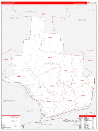 Lawrence County, OH RedLine style ZIP Code wall map
