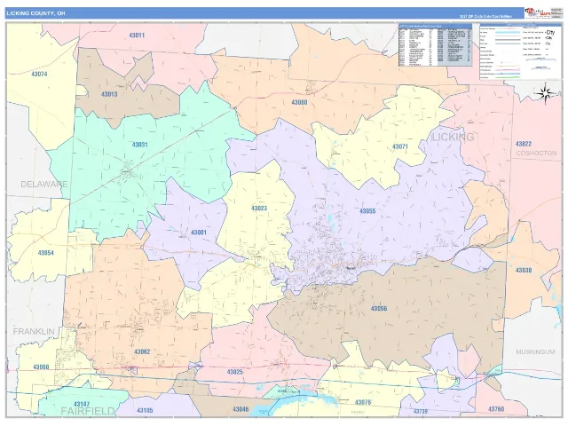 Licking County, OH ZIP Code Wall Map, ColorCast style