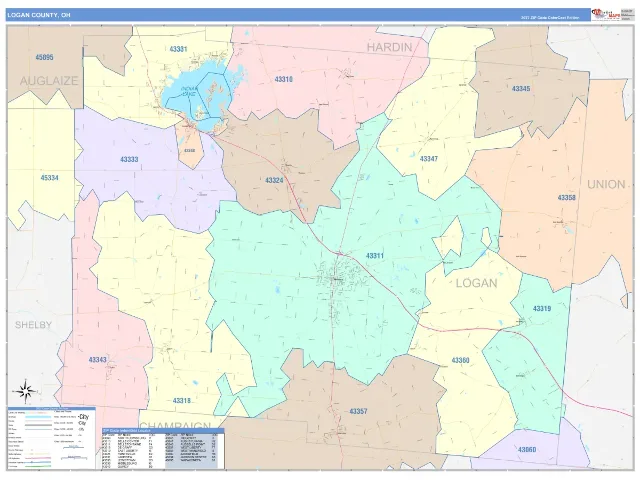 Logan County, OH ZIP Code Wall Map, ColorCast style