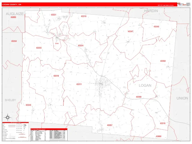 Logan County, OH ZIP Code Wall Map, RedLine style