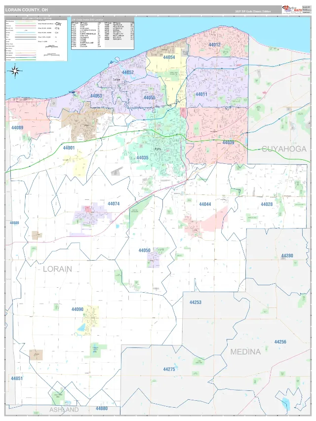 Lorain County, OH ZIP Code Wall Map, Classic style