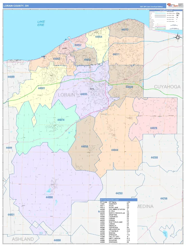 Lorain County, OH ZIP Code Wall Map, ColorCast style