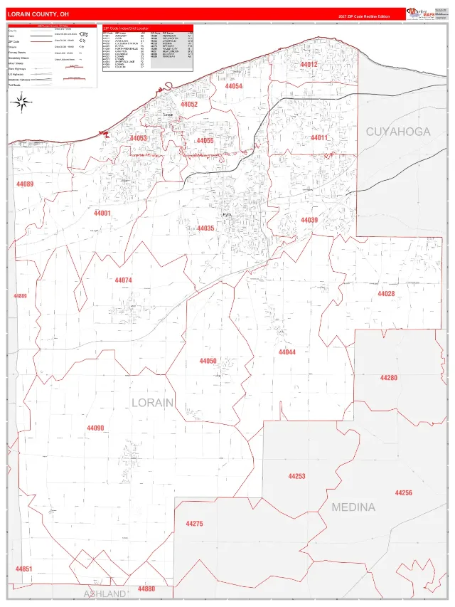 Lorain County, OH ZIP Code Wall Map, RedLine style