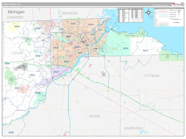 Lucas County, OH ZIP Code Wall Map, Classic style