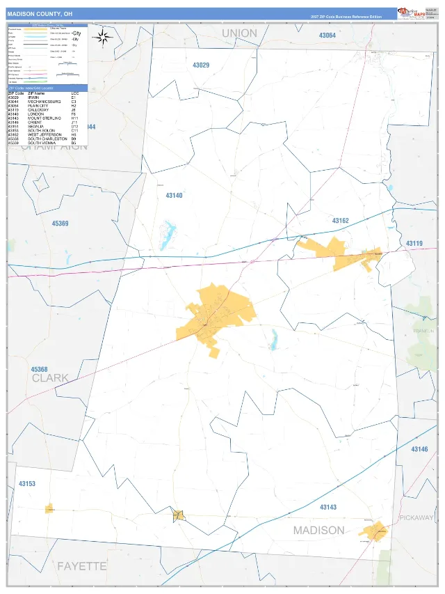 Madison County, OH ZIP Code Wall Map, Business Reference style