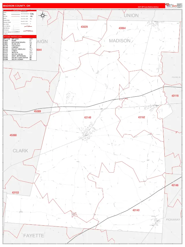 Madison County, OH ZIP Code Wall Map, RedLine style