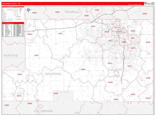 Mahoning County, OH ZIP Code Wall Map, RedLine style