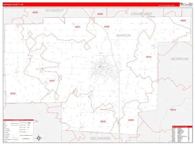 Marion County, OH ZIP Code Wall Map, RedLine style