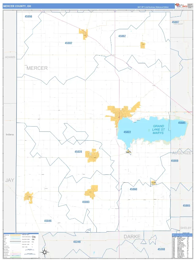 Mercer County, OH ZIP Code Wall Map, Business Reference style