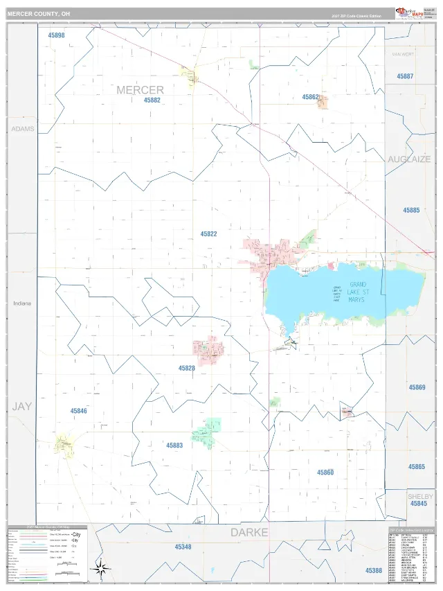 Mercer County, OH ZIP Code Wall Map, Classic style