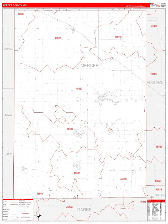 Mercer County, OH ZIP Code Wall Map, RedLine style