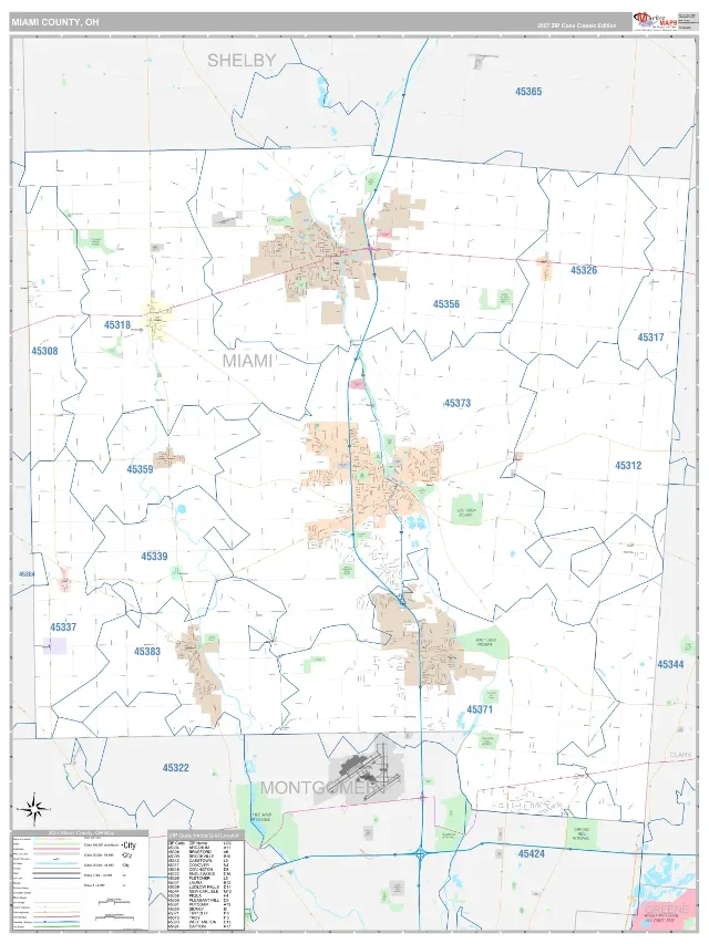 Miami County, OH ZIP Code Wall Map, Classic style