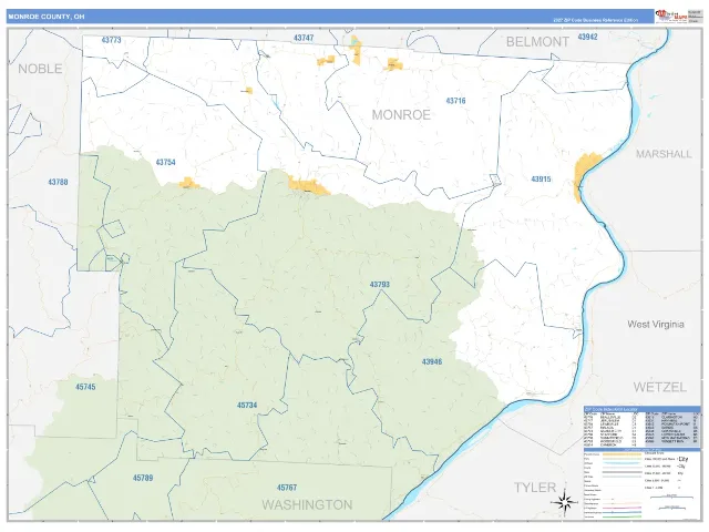 Monroe County, OH ZIP Code Wall Map, Business Reference style