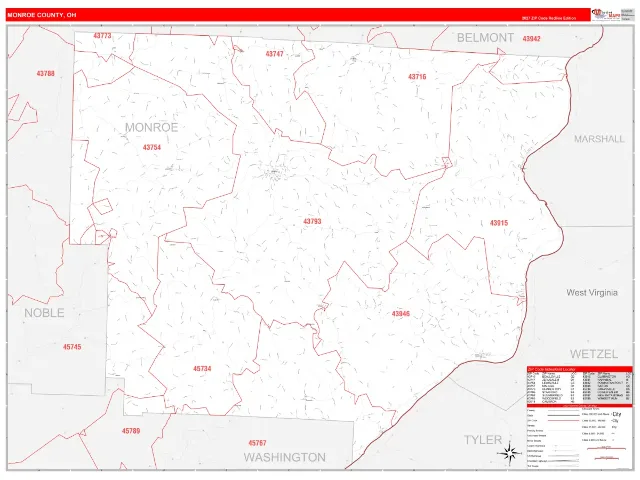 Monroe County, OH ZIP Code Wall Map, RedLine style