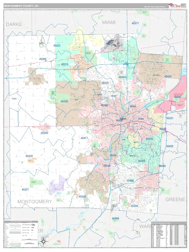 Montgomery County, OH ZIP Code Wall Map, Classic style