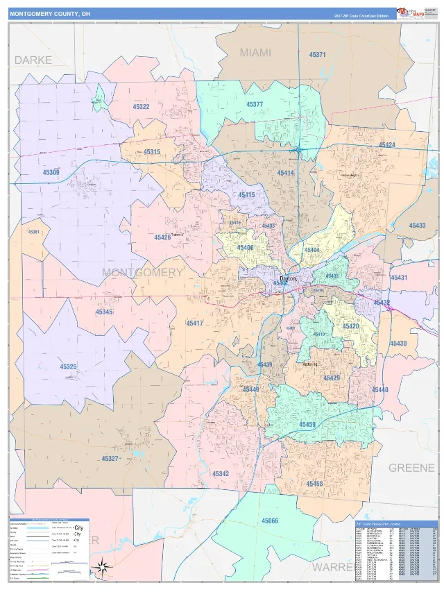 Montgomery County, OH ZIP Code Wall Map, ColorCast style