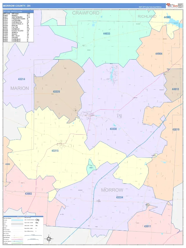 Morrow County, OH ZIP Code Wall Map, ColorCast style