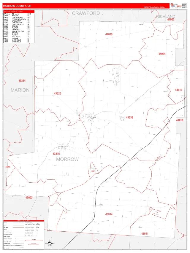 Morrow County, OH ZIP Code Wall Map, RedLine style