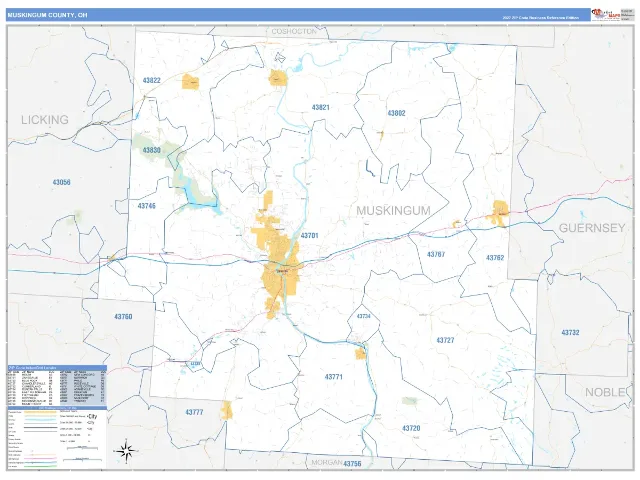 Muskingum County, OH ZIP Code Wall Map, Business Reference style