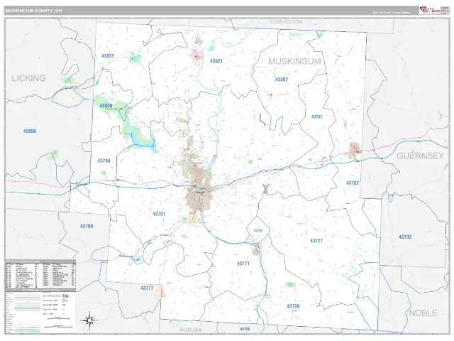 Muskingum County, OH ZIP Code Wall Map, Classic style