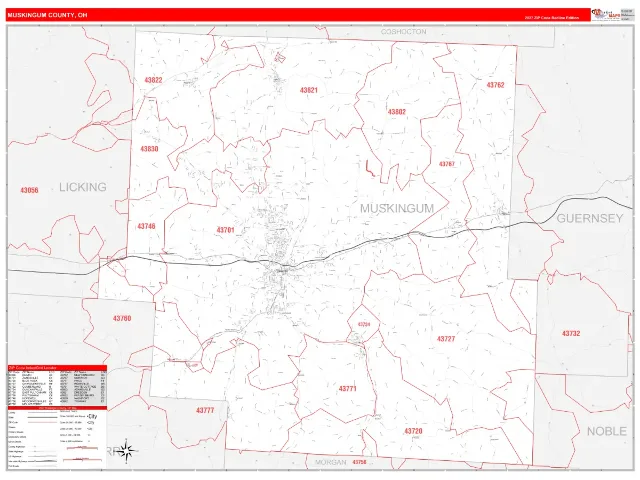 Muskingum County, OH ZIP Code Wall Map, RedLine style