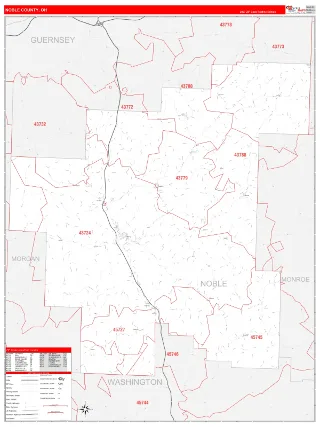 Noble County, OH RedLine style ZIP Code wall map
