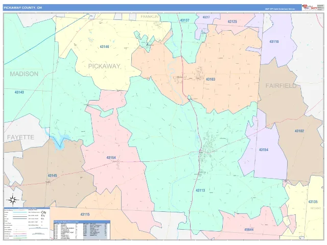 Pickaway County, OH ZIP Code Wall Map, ColorCast style