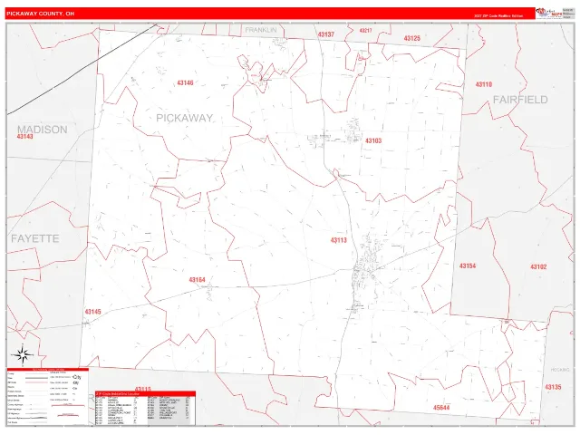 Pickaway County, OH ZIP Code Wall Map, RedLine style