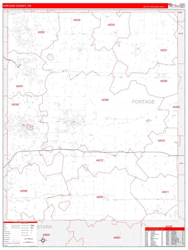 Portage County, OH ZIP Code Wall Map, RedLine style