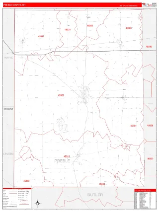 Preble County, OH RedLine style ZIP Code wall map